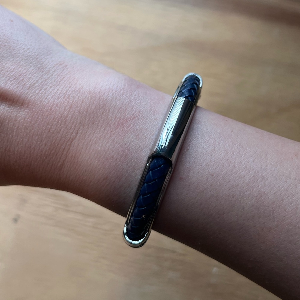 Silver Tone Bangle Bracelet with Navy Braided Inset